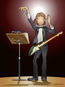 Inspired conductor leading a symphonic rock concert